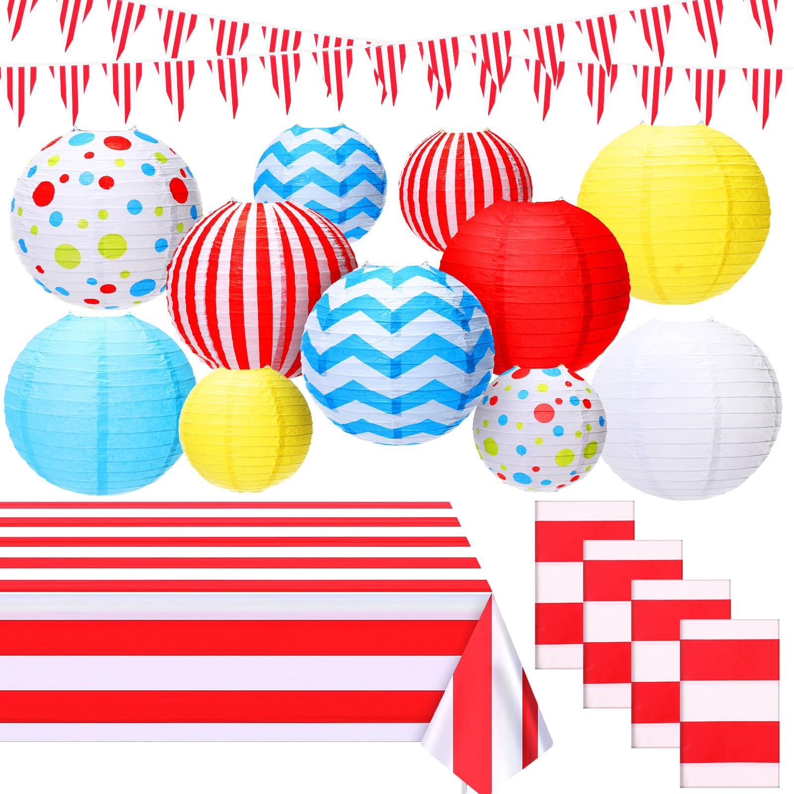 Glooglitter 17 Pcs Carnival Decorations Circus Theme Party Decorations Carnival Table Cloth Red White Striped Pennant Banner Chinese Round Paper Lantern for Birthday Party Event Supplies