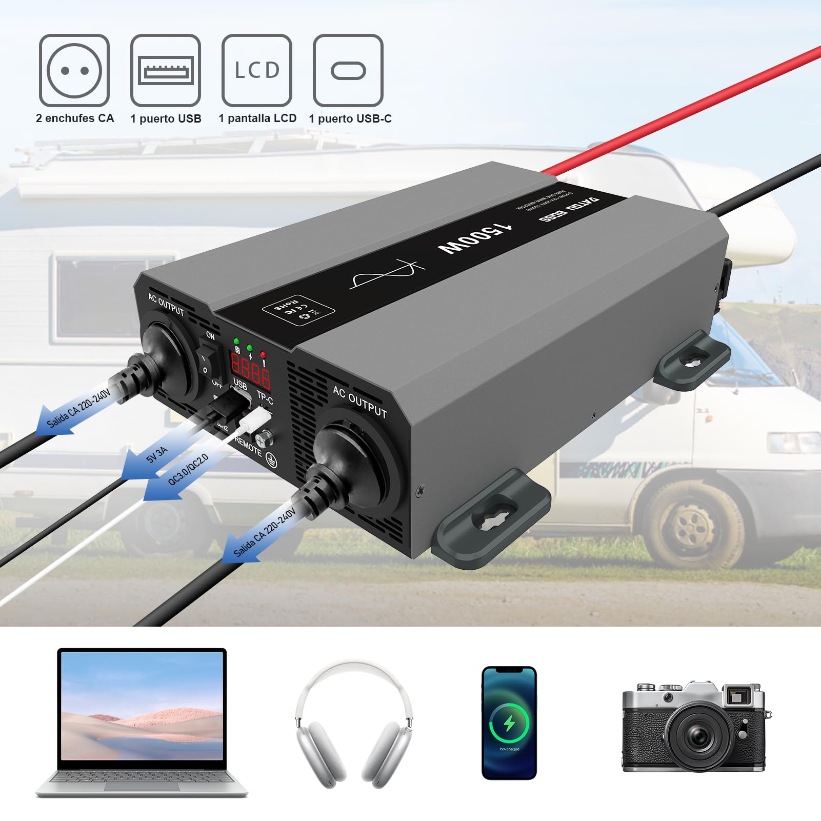DATOUBOSS Inversor 12V 220V/230V Onda Pura 1500W/3000W, Inversor 12V a 220V Onda Pura con 2 Enchufes EU, Salida USB/USB-C y Pantalla LCD, Transformador de Autocaravanas, Camiones, Camping