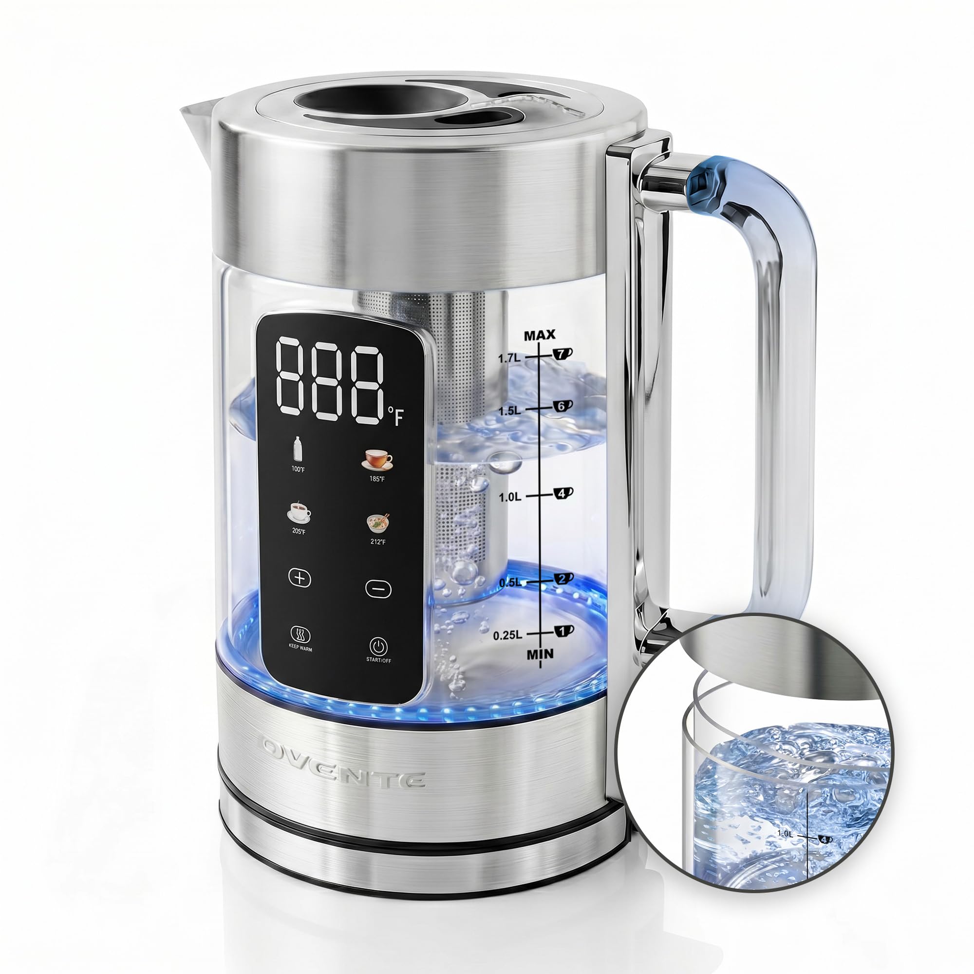 OVENTE Digital Glass Electric Tea Kettle Silver KGD913S