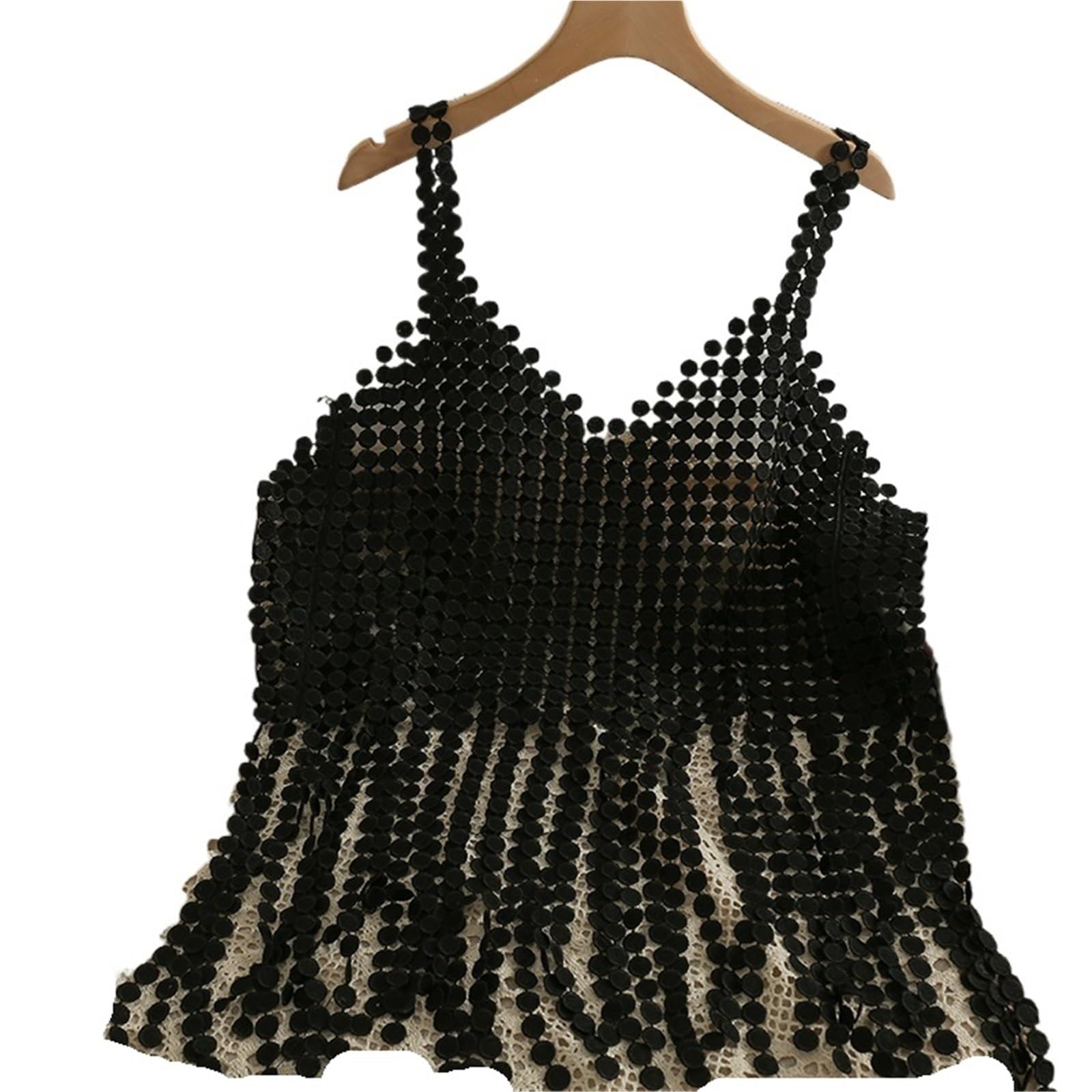 Top con Frange Top con Frange da Donna, a Pois, Scollo a V, Tinta Unita, Trasparenti, Senza Maniche, all'Uncinetto per Le Donne(Black)