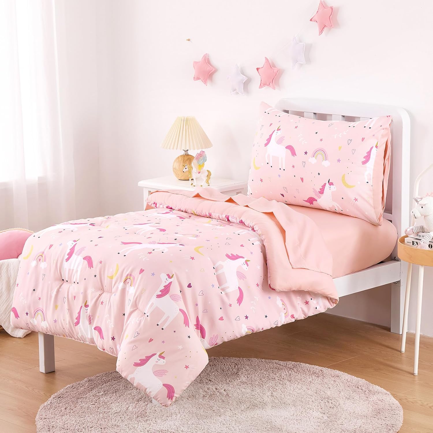 Wake In Cloud - Toddler Bedding Set for Girls, Cute Unicorn Rainbow Stars, 4 Pieces Soft Crib Bed Set Including Comforter, Sheets and Pillowcase, Pink