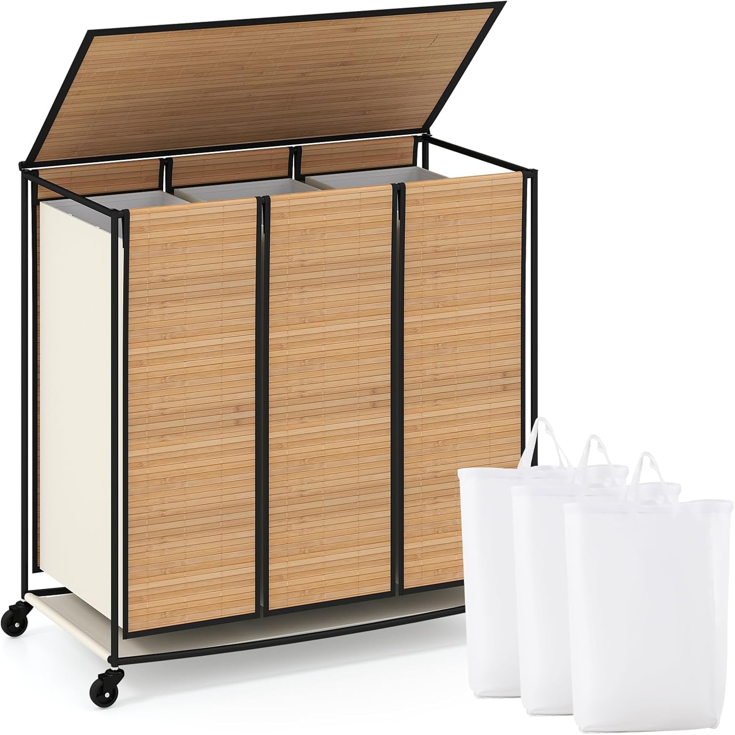 Giantex Laundry Hamper Sorter 3 Section with Lid, 2 Lockable Wheels