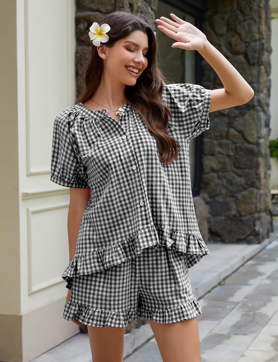 Flygo Womens Gingham Pajamas Set 2 Piece Cotton Pj Lounge Sets Puff Sleeve Ruffle Babydoll Shirt Shorts Summer Outfits - Image 6