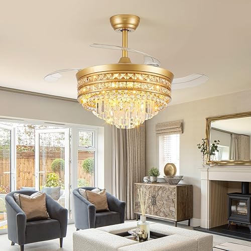 Miniatura 9 de Ventiladores de techo retráctiles con luz y control remotoaplicación, ventilador de araña RGB de cristal de 42 pulgadas, iluminación sin aspas y