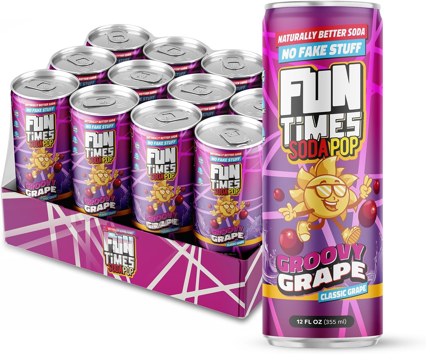 - Fun Times Soda Pop Groovy Grape, 12 Pack (12 oz Soda Cans), Craft Soda with Real Cane Sugar, Carbonated Beverage with All Natural Flavors, Dye Free Soft Drinks
