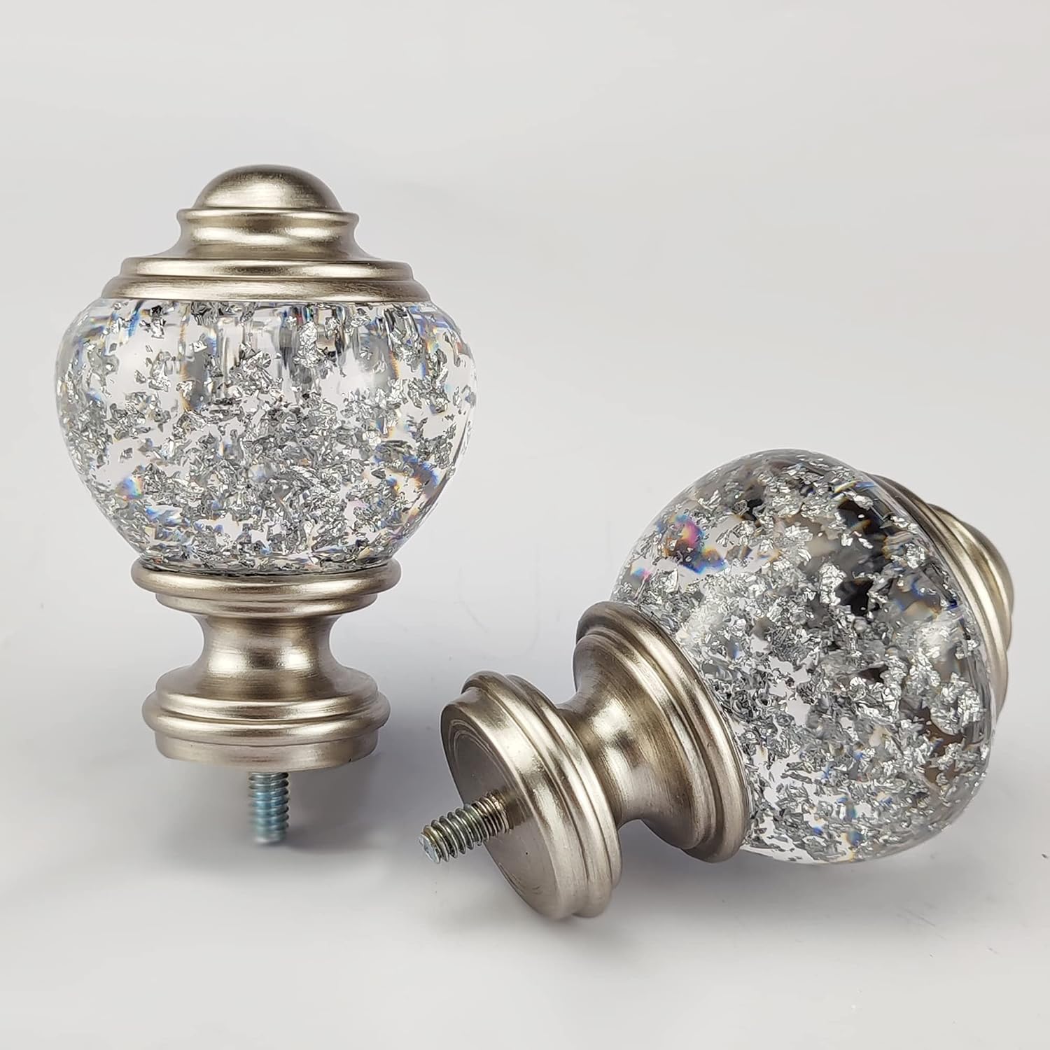 Decorative Curtain Rod Finials, Polyresin Round Silver Foiled Clear Finials, Set of 2, Compatible with 1 inch or 1-1/8 inch Dia Curtain Rod, Standalone Finial Pair
