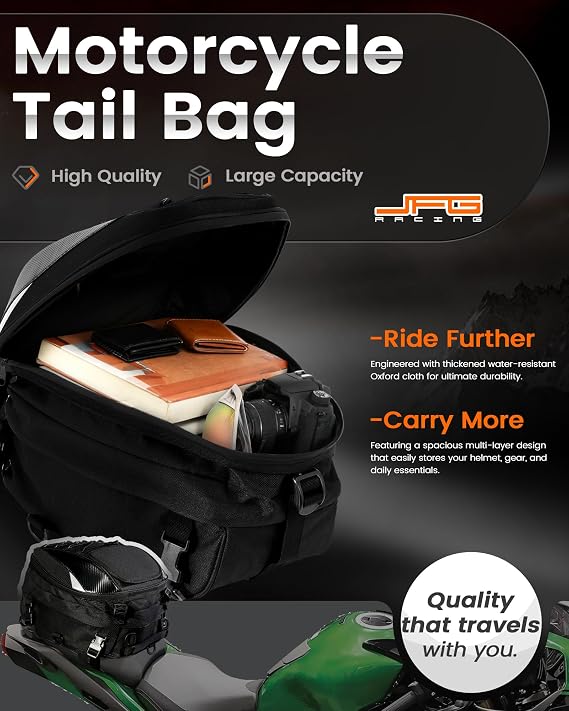 JFG RACING Universal 22-38L Dual Use Motorcycle Tail Bag Seat Helmet Bag | 22-38L capacity,dual-use design,helmet storage,seat helmet bag backpack,for motorcycle motorbike street dirt bike