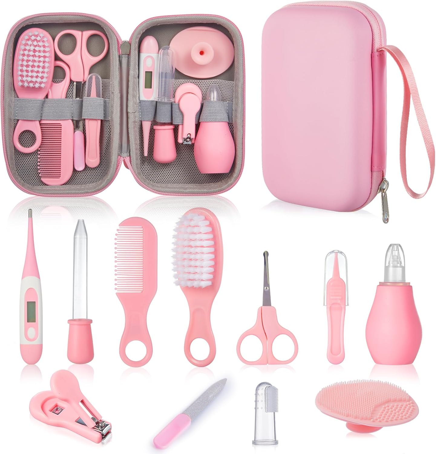 12pcs Baby Healthcare and Grooming Kit, Newborn Essentials Stuff, Baby Safety Health Nursery Care Set with Nail Files Clippers, Hair Brush, Comb and More for New Born Infant Toddlers Boys Girls – Pink