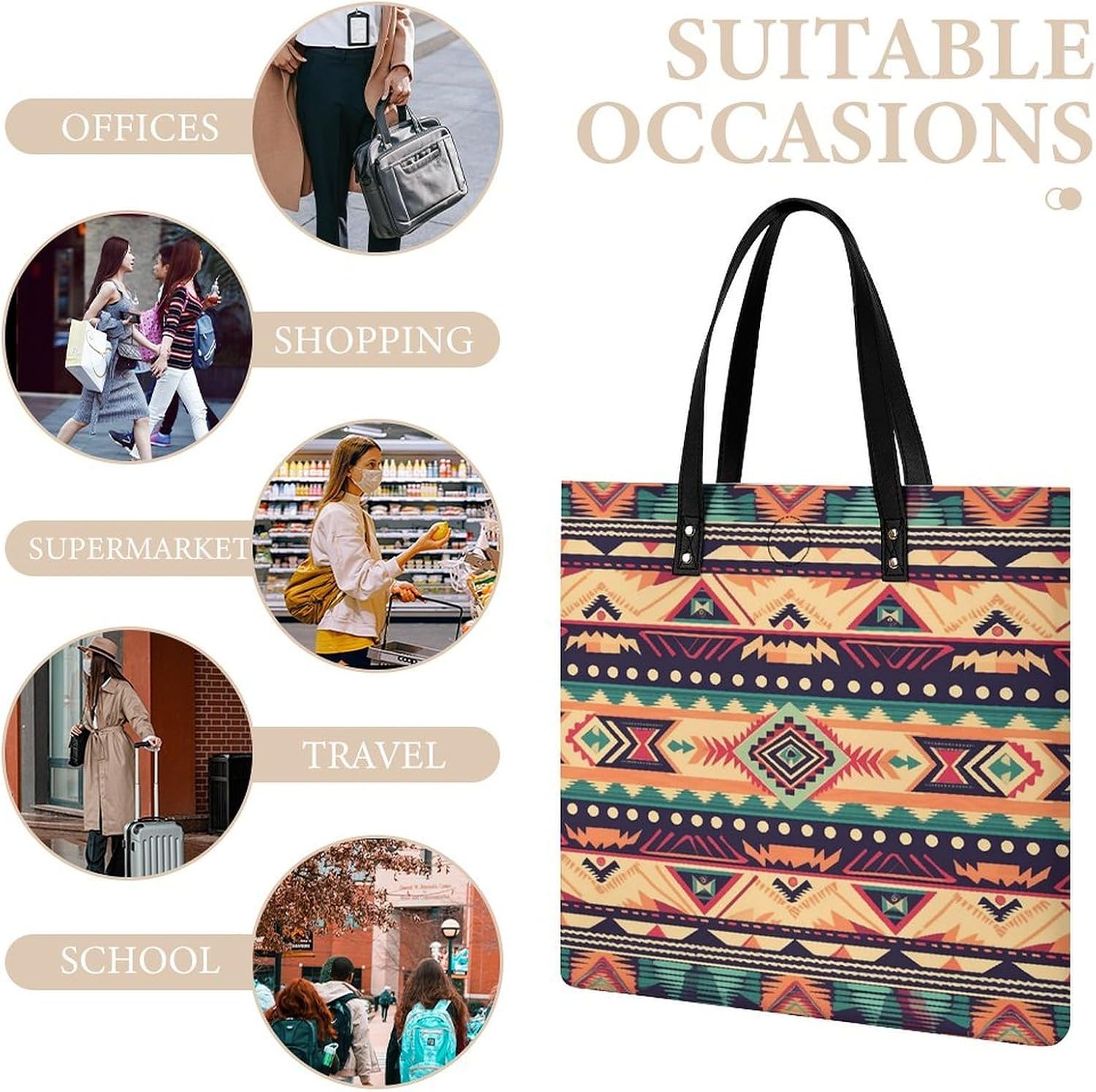 Southwestern Style Pattern Tote Bag with Magnetic Buckle Reusable Grocery Bags Lightweight Cross Body Handbag for Daily Essentials