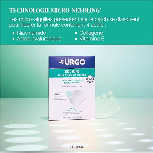 Urgo - Hydrocolloid patch - Micro-needling - Acne-prone skin - Collagen Niacinamide Hyaluronic Acid Vitamin E - Targets and resorbs the pimple - 9 Patches - Yuka rating: 93/100 - 4