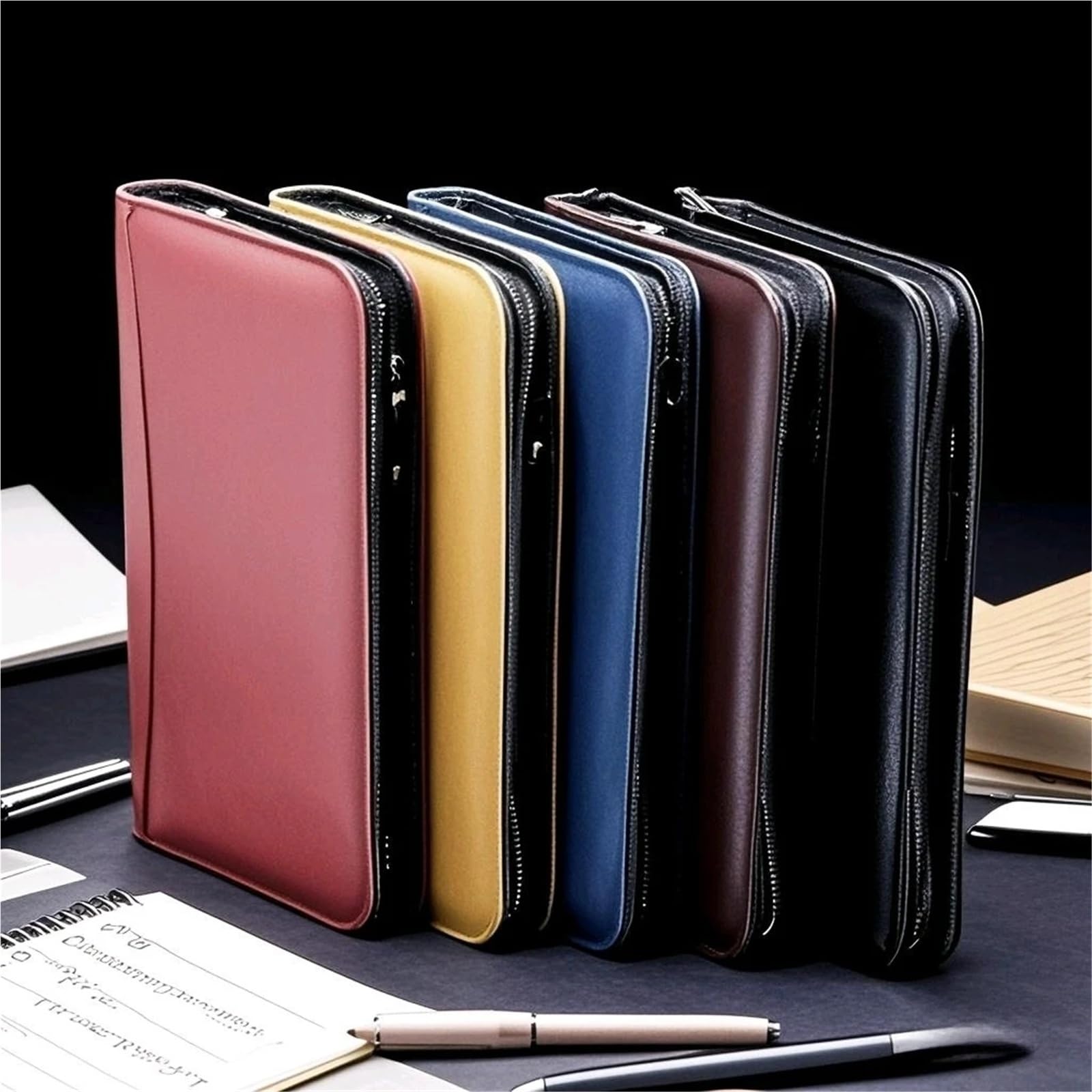 Documentos de cuero Organizador de cuero A5 con cremallera, carpeta portafolios, 6 anillas, hojas sueltas, funda for cuaderno, bolsa almacenamiento cierre hermético(Black)