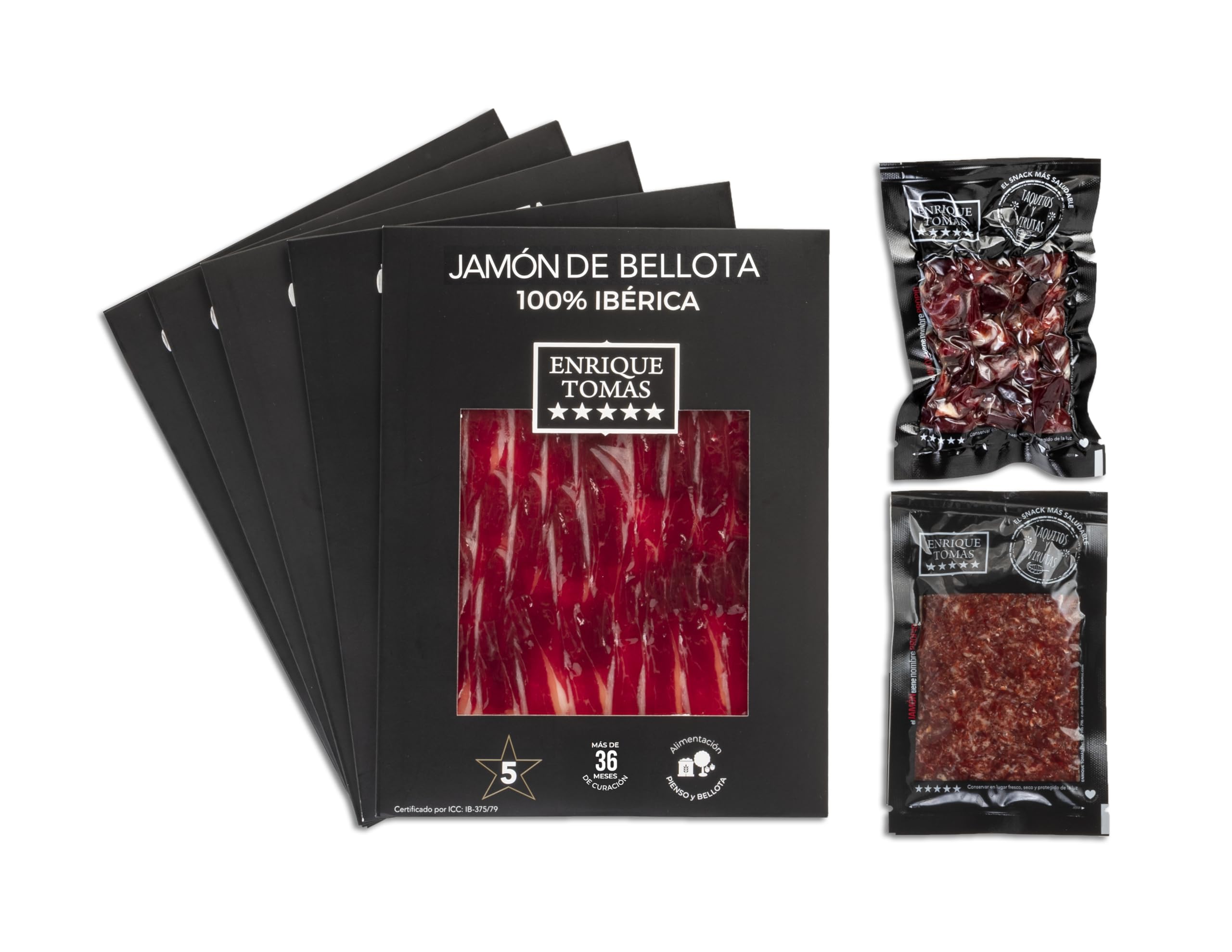 ENRIQUE TOMAS - Pack Sabor Ibérico: Jamón de Bellota Ibérico 100%, 7 Sobres, 580g, 5 sobres de jamón 80gr + 1 sobre de taquitos 80gr + 1 sobre de virutas 100gr | +36 Meses de Curación