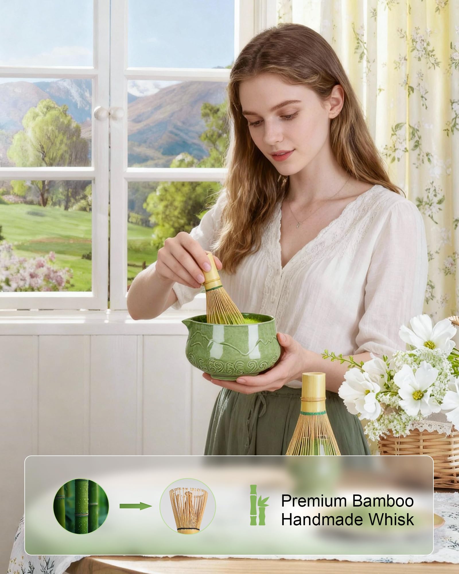 ZENS Juego de batidores de matcha, cuenco de cerámica para matcha de 17 onzas con boquilla y batidor de bambú, cuchara y paño de té, kit de 5 piezas para ceremonia de matcha, verde esmeralda