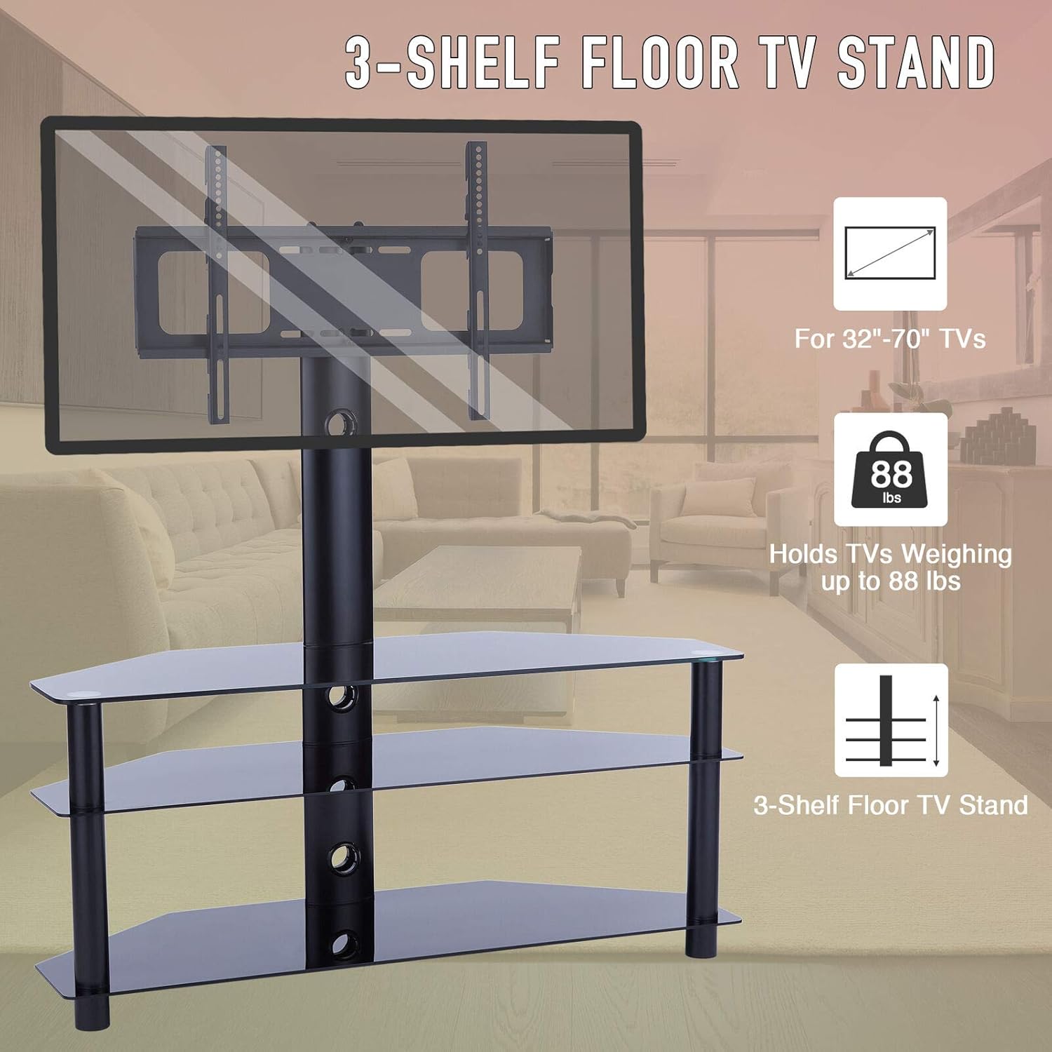 HeavyDuty 3GlassShelf TV Stand Fits 32"70" LCD