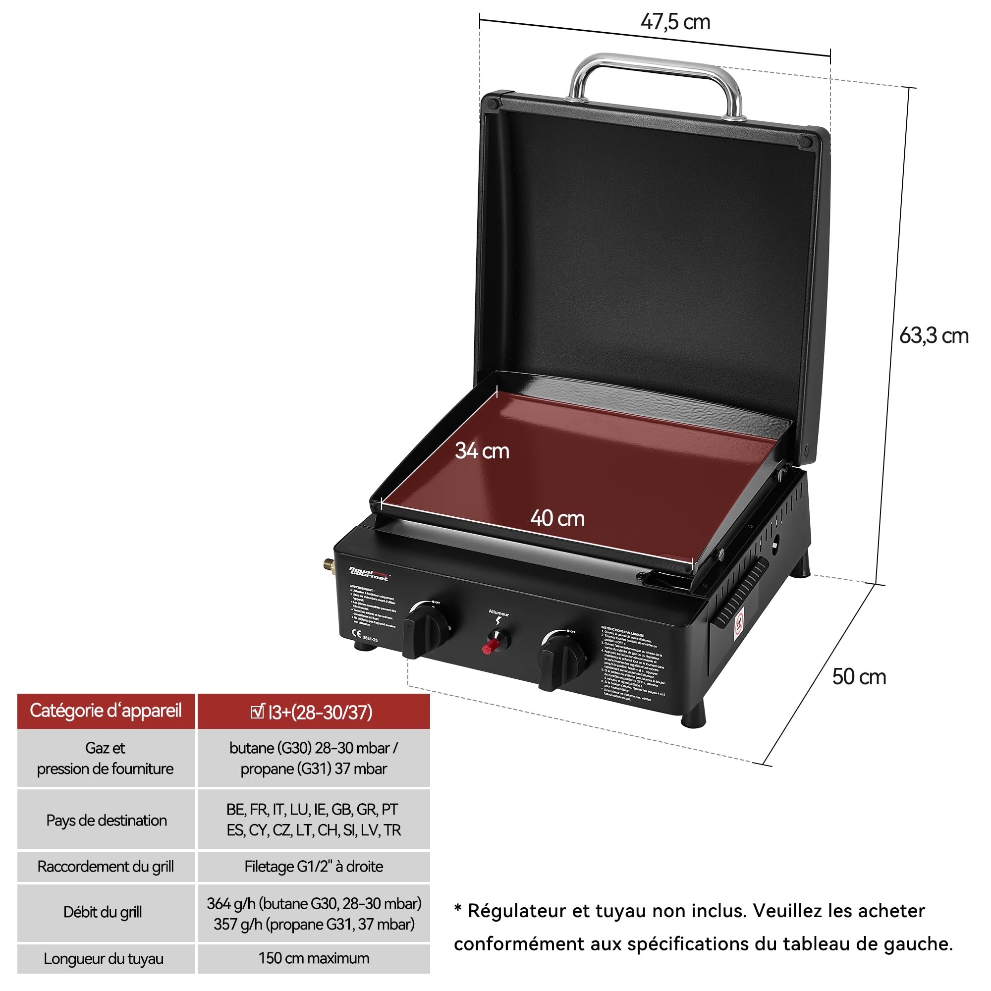 Royal Gourmet Plancha à Gaz Portable avec 2 Brûleurs de 2,5 KW, Plancha Gaz Exterieur avec Plaque de Cuisson Émaillée, Barbecue Gaz avec Pieds Réglables pour Jardin et Camping