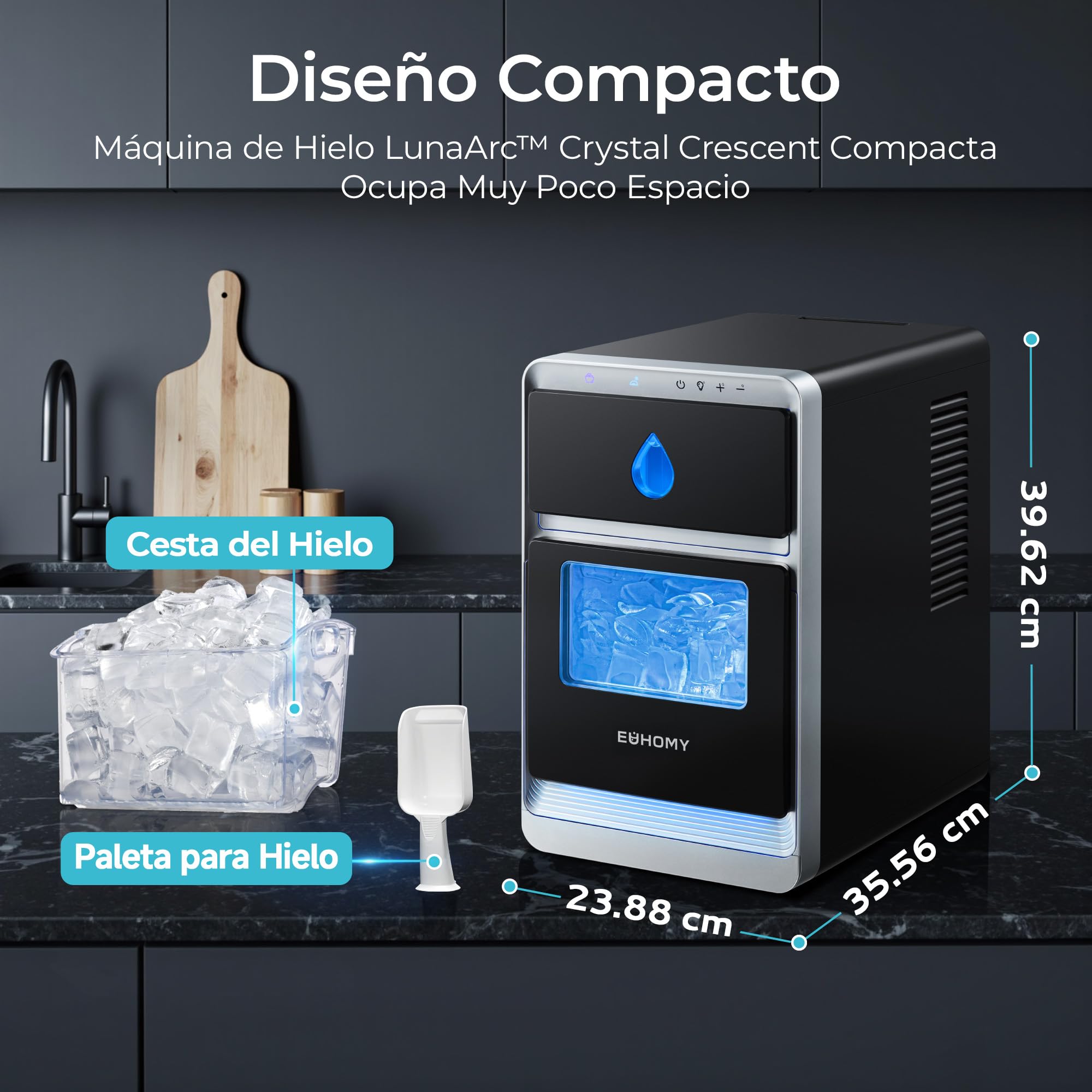 EUHOMY Maquina de Hielo, Máquina de Hielo de Hielo Media Luna, Listo en 12 Min, 1600 Cubos Al Día, Maquina Hielo de Limpieza Automática, Maquina Hacer Hielo Para Cocina, Fiesta y Bebida Diaria, Negra