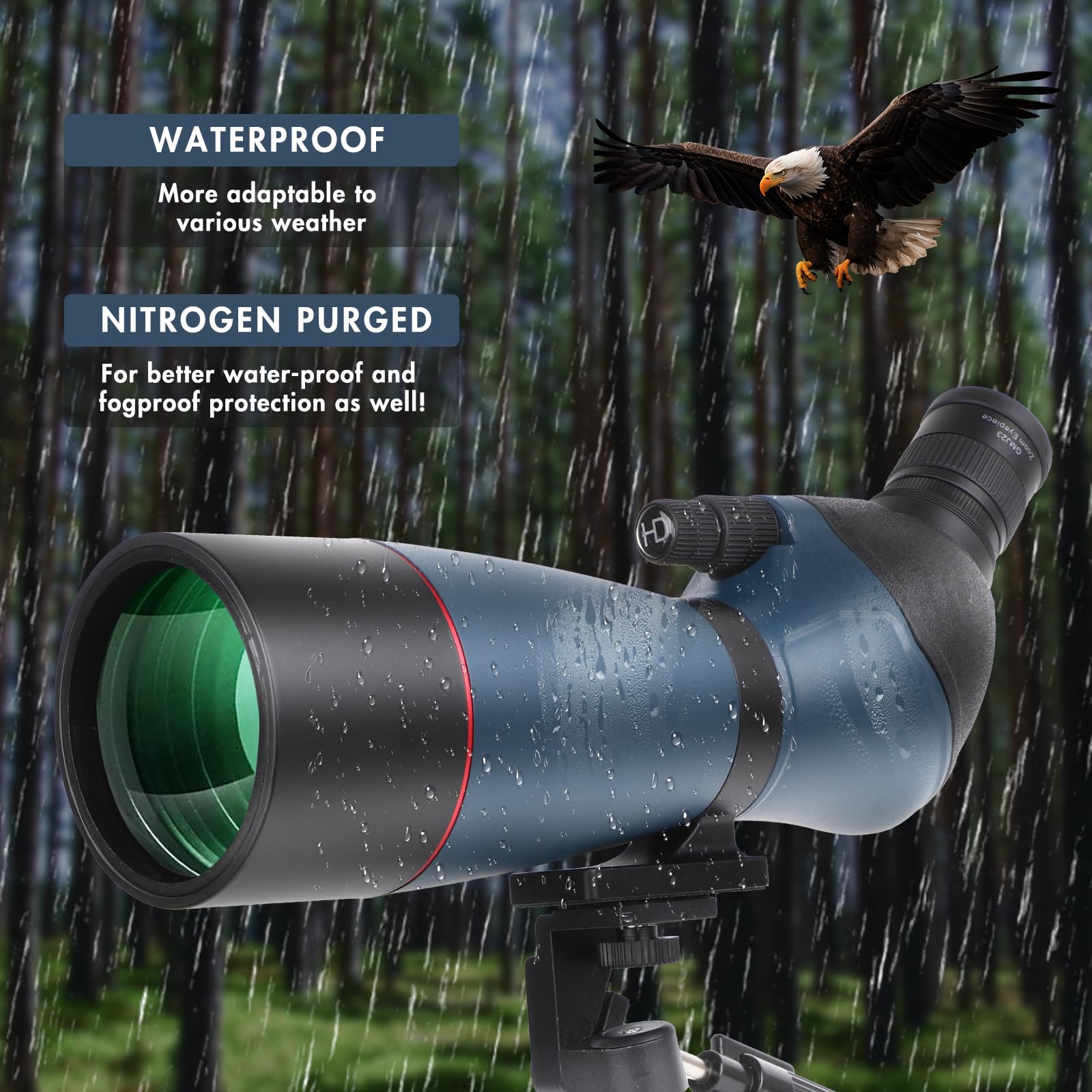 Telescopio ultra HD 25-75 x 70, doppia messa a fuoco, impermeabile, obiettivo FMC, prisma BAK4, custodia, treppiede, caccia, bird watching, paesaggi selvatici (blu)