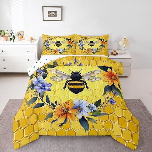 Erosebridal Kawaii Bee - Juego de ropa de cama King con flores y flores, para niñas y niños, con relleno de edredón geométrico de panal de abeja