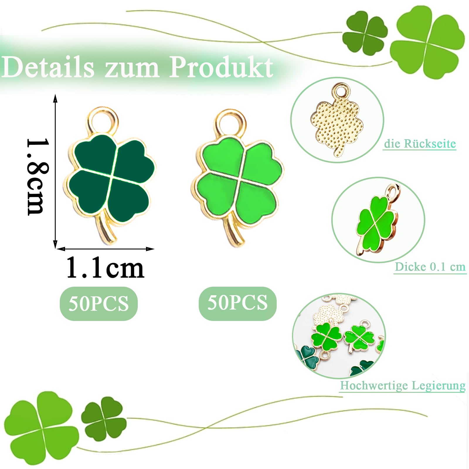 100 sztuk zawieszek w kształcie koniczyny, metalowe, zielone, czterolistna koniczyna, charmsy, talizman, czterolistna koniczyna, DIY, zawieszka do kluczy, dekoracja, 2cm, Aluminium, nie.
