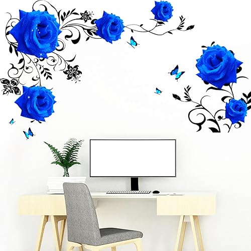 Miniatura 5 de Calcomanías de pared de rosas azules, calcomanías de pared de flores azules, rosas decorativas para interiores, para dormitorio, fiesta temática,