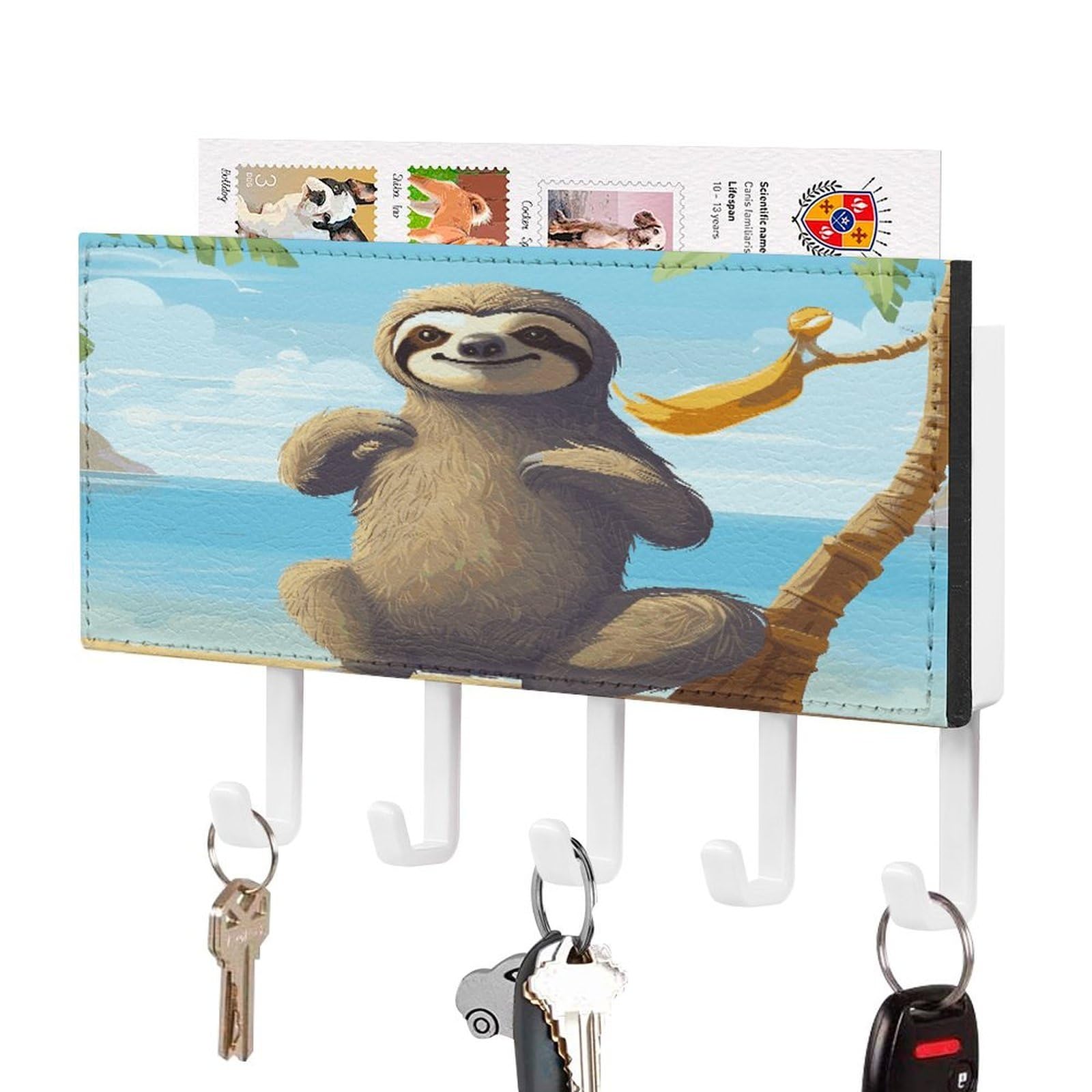 LDGSUPH Sloth on Beach Key Holder Wall Mount Key Hanger with 5 Hooks Fashion Key Organizer Rack Hanging Key Hooks with Mail Organizer Key Rack for Home Entryway Hallway White-Style