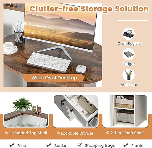 Miniatura 5 de Tangkula Escritorio de recepción, mostrador frontal con cajón con cerradura y estante ajustable, escritorio ovalado, mostrador minorista para pagar,