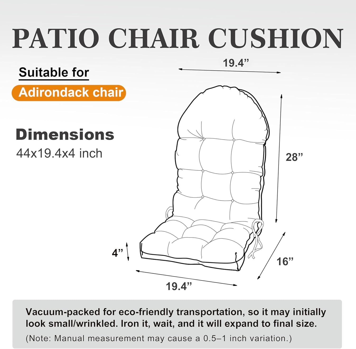 Adirondack Chair Cushion, Rocking Chair Cushion 44x19.4x4 inch, High Back Patio Cushions of Upper and Lower with Ties, Sunscreen and Fade-Resistant (Black, 2)