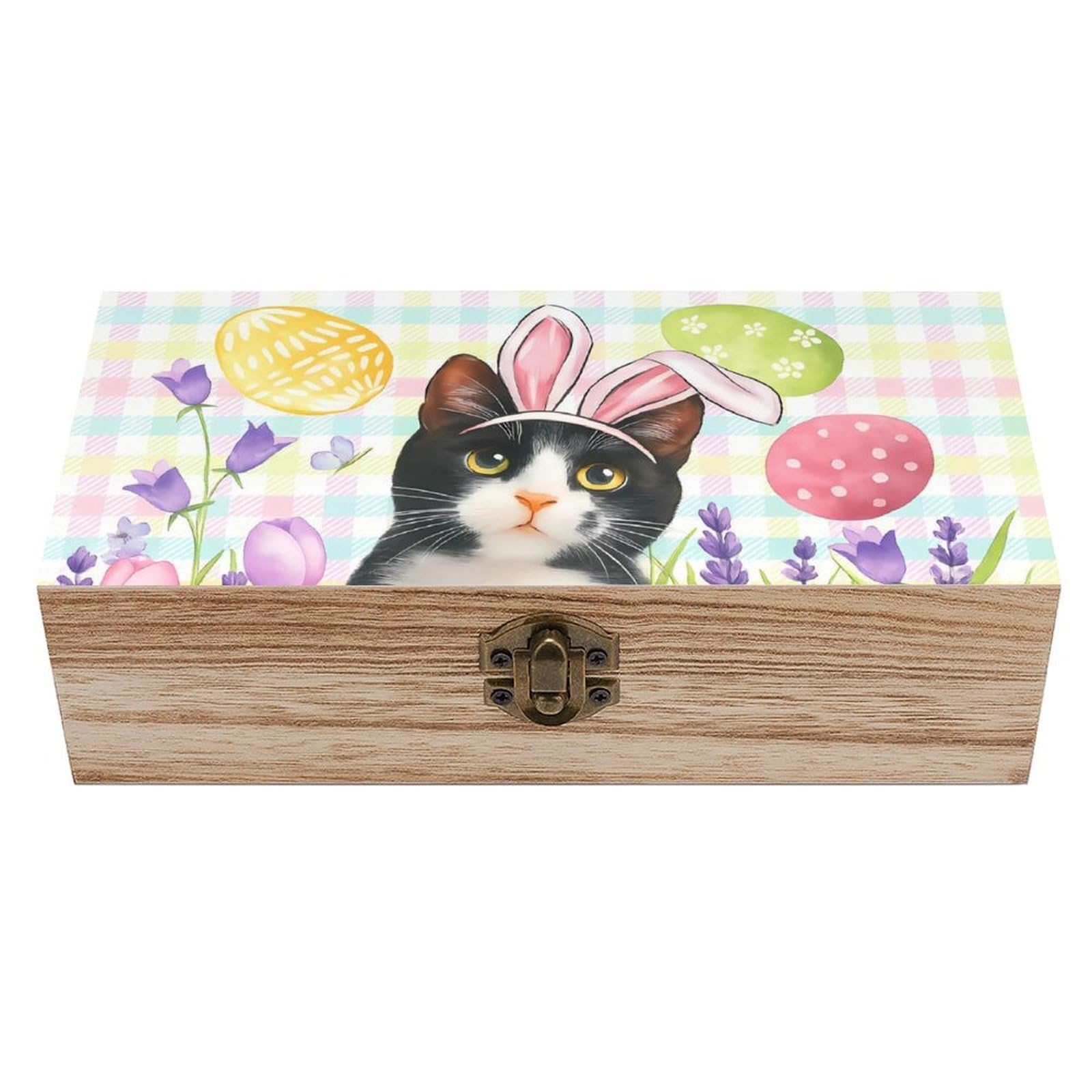 HLBSDM Easter Cow Cat Wearing Bunny Ears Retro Wooden Storage Box Jewelry Art Gift Boxs Decorative Keepsake Boxes