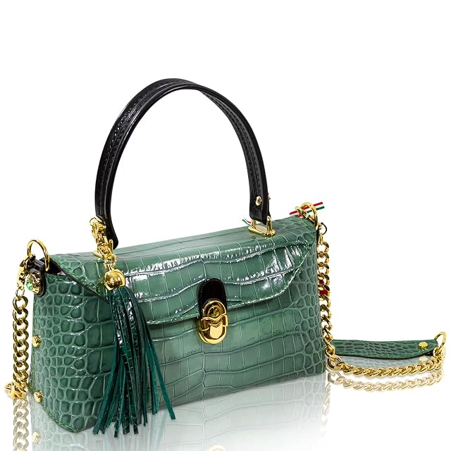Designer East West Tote Purse Jade Croc Embossed Leather Structured Bag Italian Handbag
