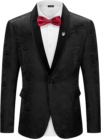 YND Mens Velvet Floral Blazer, One Button Tuxedo Jacket, Shawl Lapel Suit Coat for Dinner Prom Party Wedding
