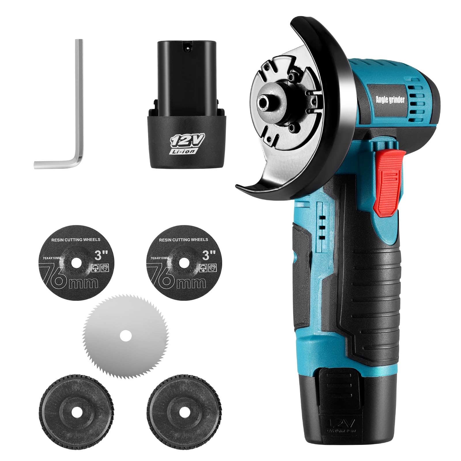 Angle Grinder, Mini Angle Grinder Power Tool, Cordless Brush Angle Grinder Kit for Cutting Polishing and Sharpening, 12v Cordless Angle Grinder with 2 1300mah Batteries, 3 Saw Blades and Charger
