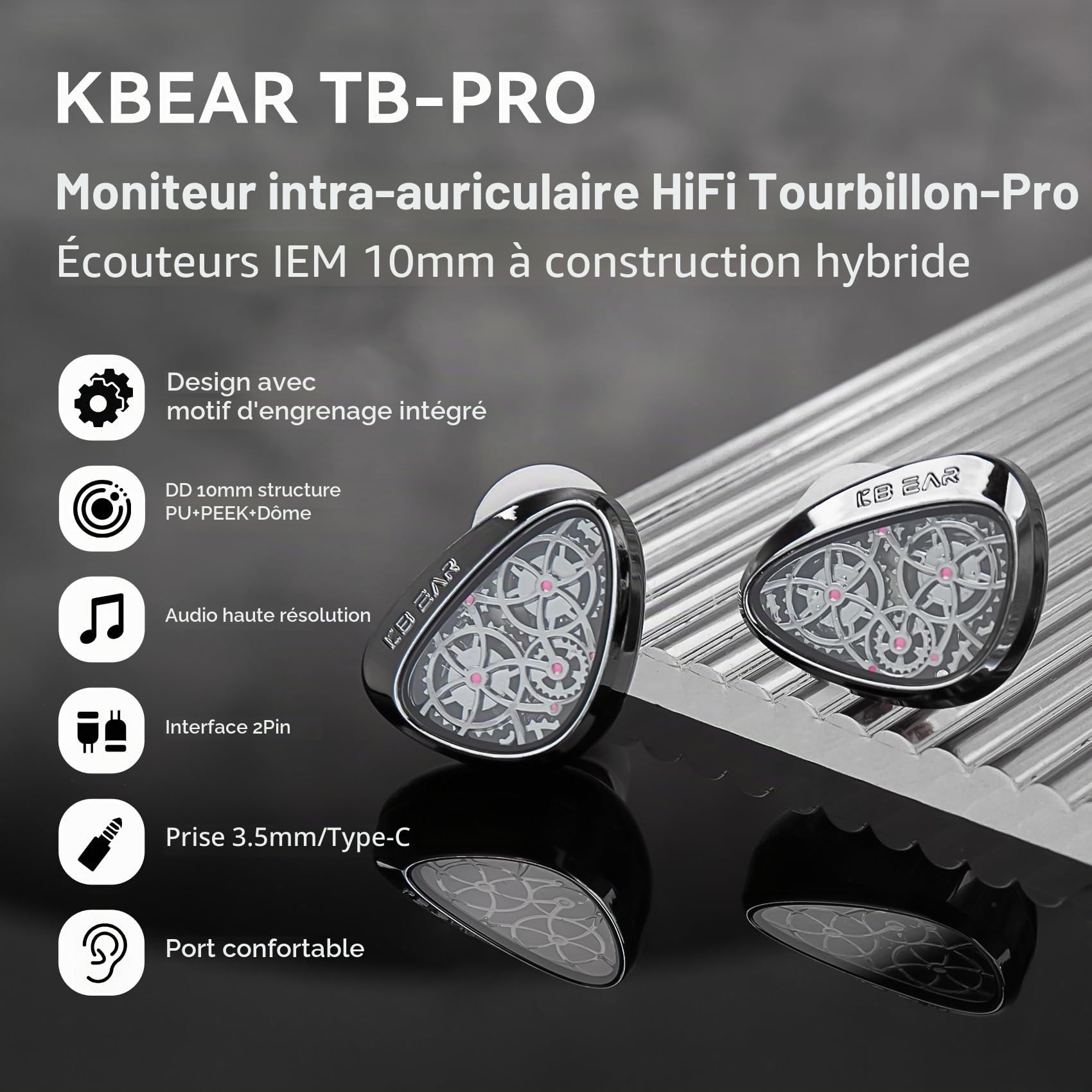 Yinyoo KBEAR TB-Pro Écouteurs Filaires USB C in Ear Monitor 10mm Dual-Magnetic DD Diaphragme Composite PU+Peek+DLC Ecouteurs Gaming avec Micro IEM pour Audiophile, Jeux