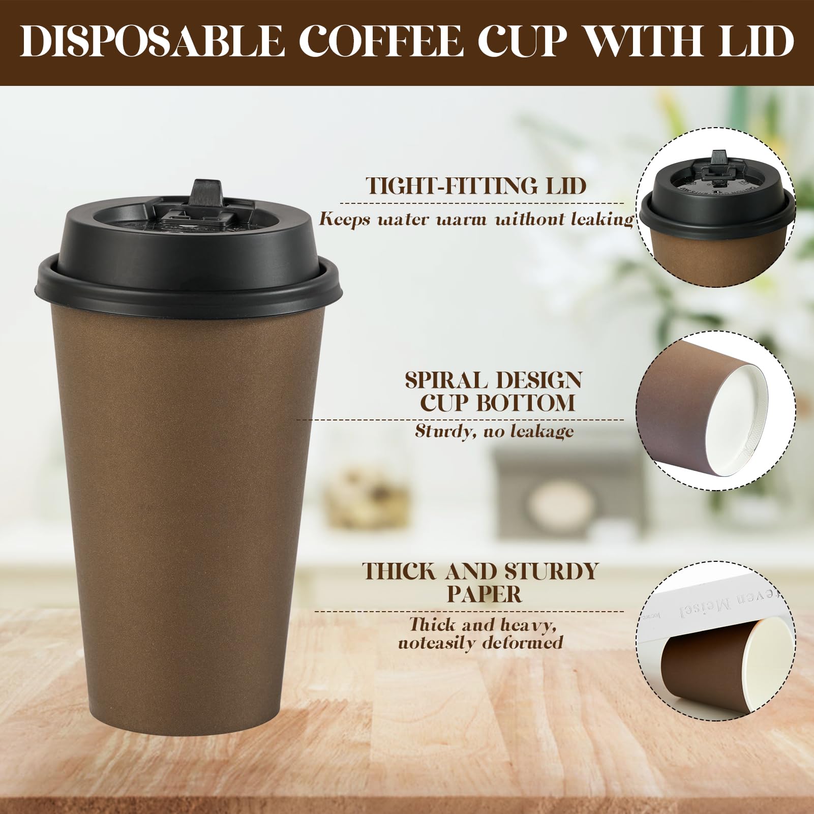 LITOPAK Lot de 100 tasses à café jetables en papier marron de 473,6 g avec couvercles, pour café chaud, eau, jus ou thé, tasses à café en papier chaud pour la maison, le restaurant, le magasin et le