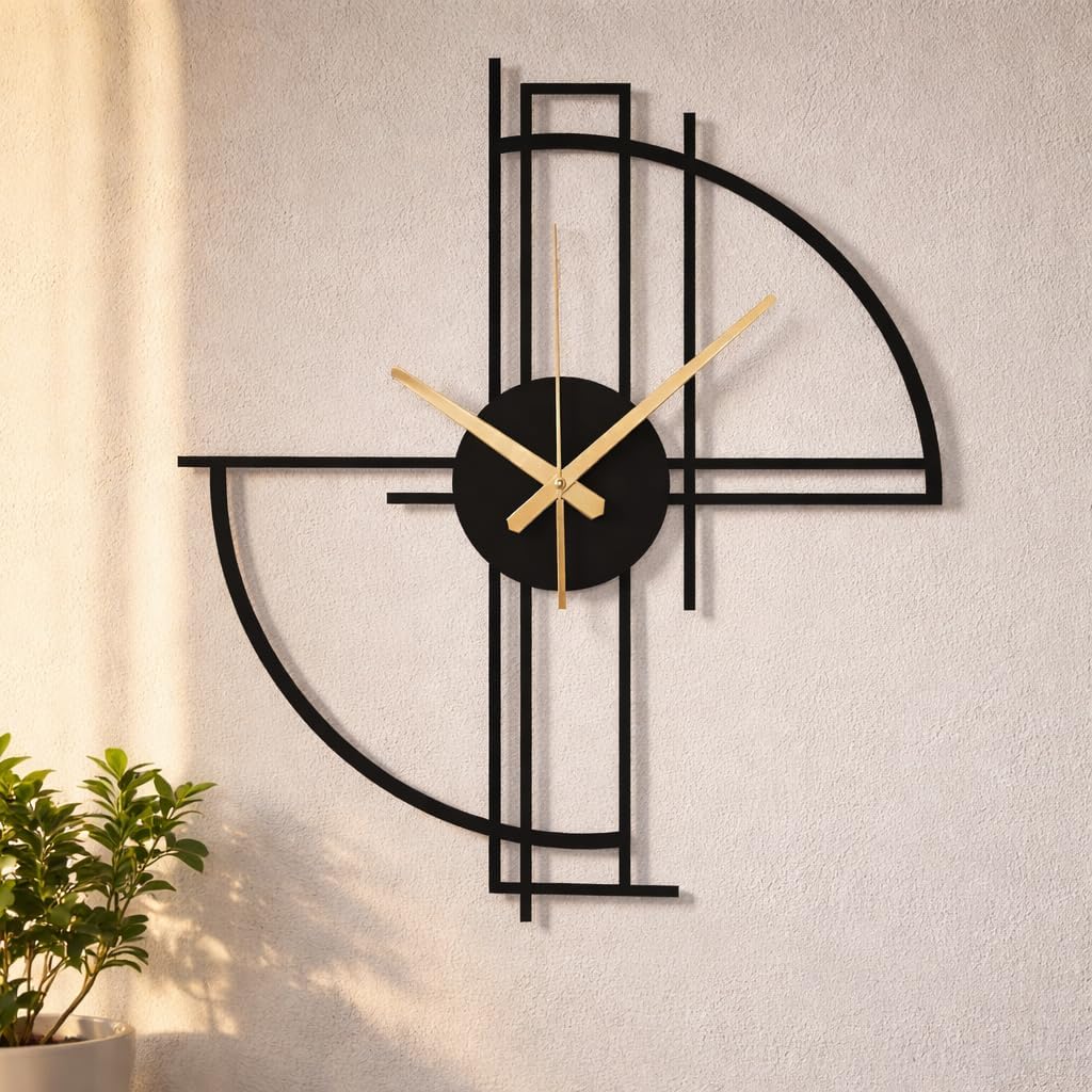 Modern Geometric Metal Wall Clock, Minimalist Black Steel Design, Silent Non-Ticking Mechanism, Unique Contemporary Home Decor, Large Decorative Wall Art for Living Room, Office or Bedroom