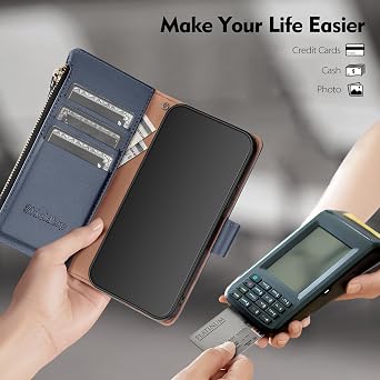 Shieldtop Compatible with Samsung Galaxy S21 Wallet Case with Card Holder,Women Men RFID Blocking PU Leather Flip Protective Cover Wrist Strap Zipper Credit Card Slots,Phone Case for S21 6.2,Blue