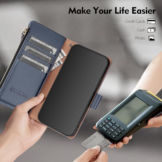 Shieldtop Compatible with Samsung Galaxy S21 Wallet Case with Card Holder,Women Men RFID Blocking PU Leather Flip Protective Cover Wrist Strap Zipper Credit Card Slots,Phone Case for S21 6.2,Blue