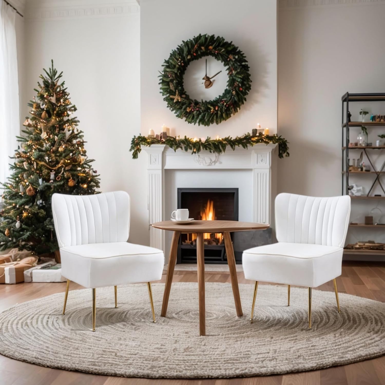 Velvet Accent Chairs,Modern Armless Living Room Chairs,Upholstered Wingback Slipper Chair Single Sofa Chair with Golden Metal Legs,Comfy Chairs for Small Space,Bedroom,Office,White