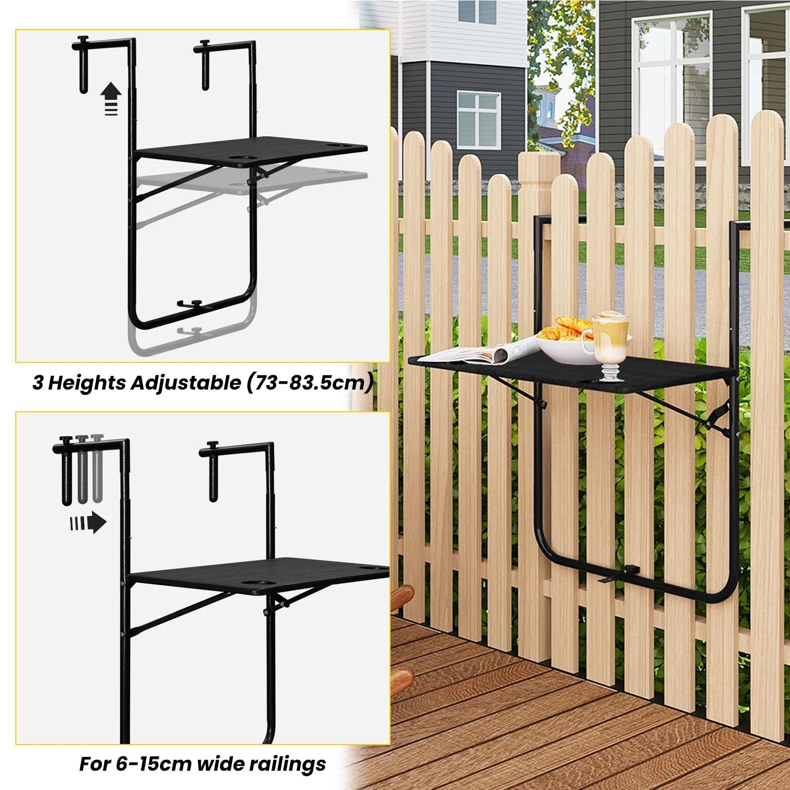Table Balcon Suspendue Table de Balcon Murale Pliable, 3 Niveaux, réglable en Hauteur, résistante aux intempéries, 60 x 36 cm