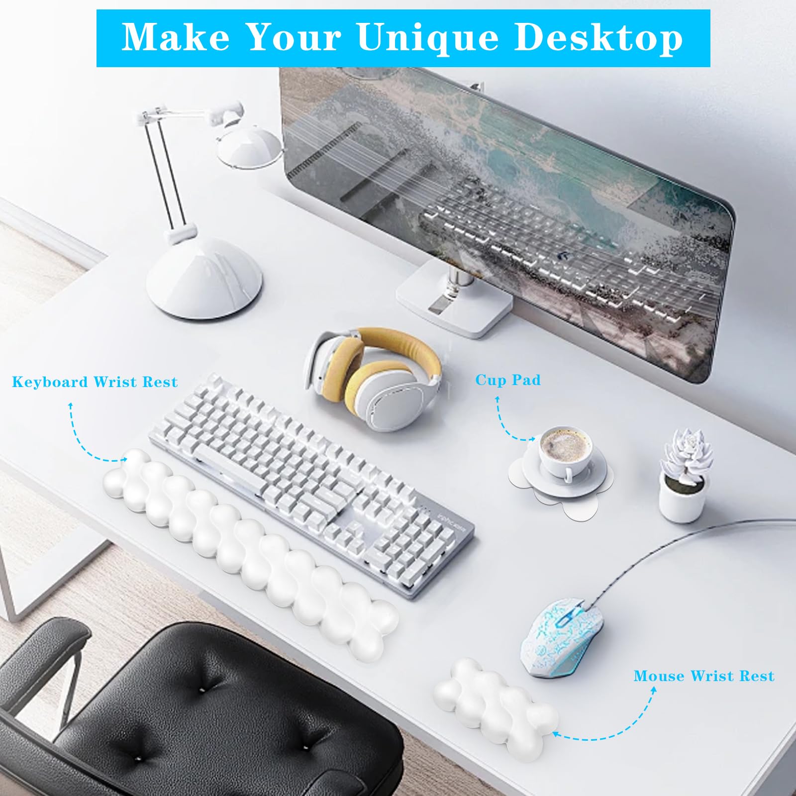 Ensemble de repose-poignet pour clavier et souris avec base antidérapante, support de poignet ergonomique et accoudoirs pour jeux, bureau, ordinateur, soulage la douleur de frappe (blanc)