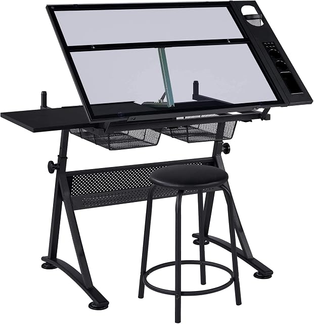 costoffs Adjustable Drafting Table, Tiltable Drawing Tabletop with Tempered Glass, Drawing Table Artist Desk With 2 Drawers/stool, Black, 121x60x70.5cm