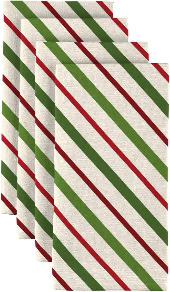 Napkin Set, 100% Milliken Polyester, Machine Washable, Set of 12, 18x18, Christmas Red & Green Diagonal Stripe