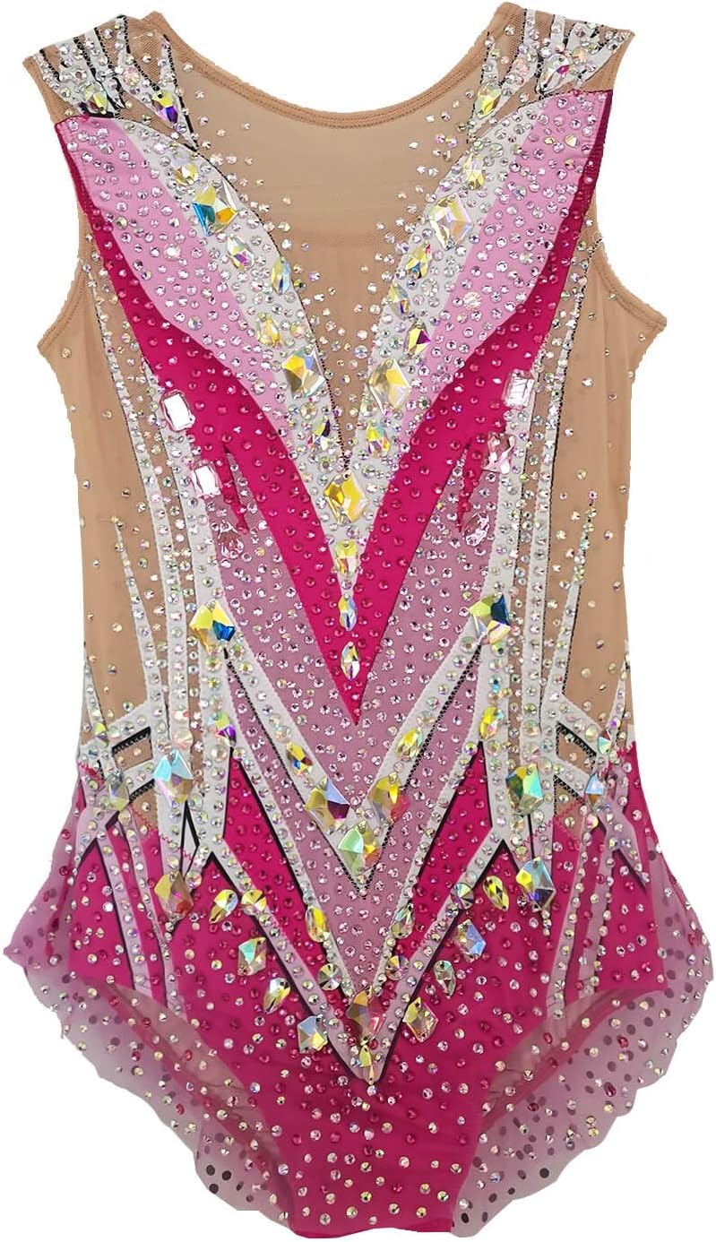 Girls' Pink Sleeveless Artistic Gymnastics Dress Professional Competition Costume