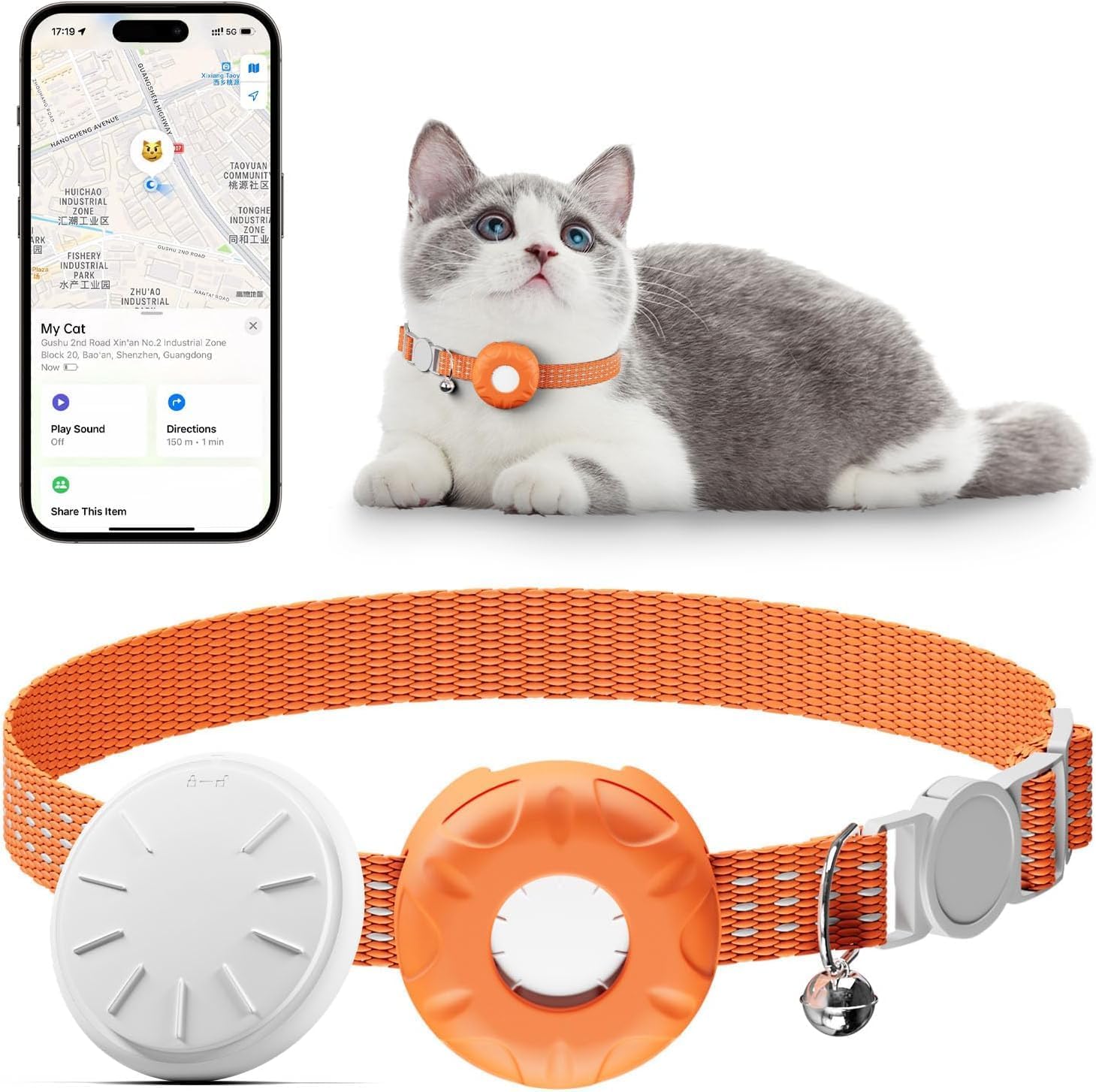 Cat Tracker,No Monthly Fee Pet Tracker for Cats with Safety Elastic Buckle Compatible with Apple Find My App(Only iOS), Works with Any Collar (Orange)