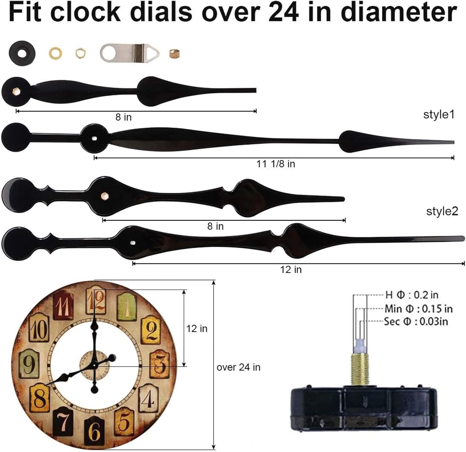 EMOON High Torque Long Shaft Clock Mechanism Kit Replacement Movement with 2 Pairs of 12 Inch Long Spade Hands,Black (Total Shaft Length 7/8 in)