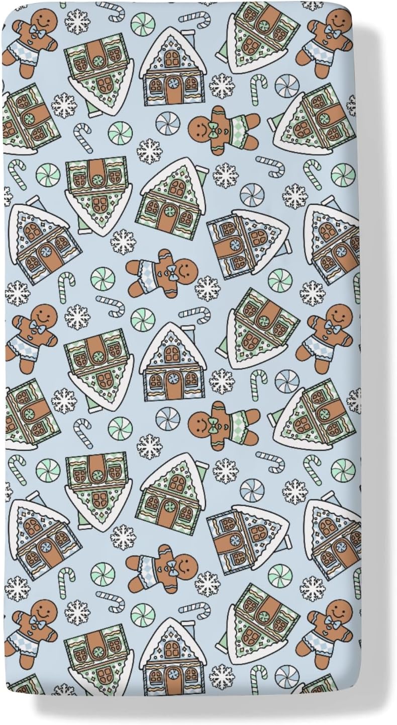 Christmas Cookie House Candy Cane Baby Crib Sheets Toddler Pink Blue Christmas Sweets Treats Bed Sheets Festive Winter Holiday Fitted Crib Mattress Cover for Standard Crib Mattresses 52''x28''