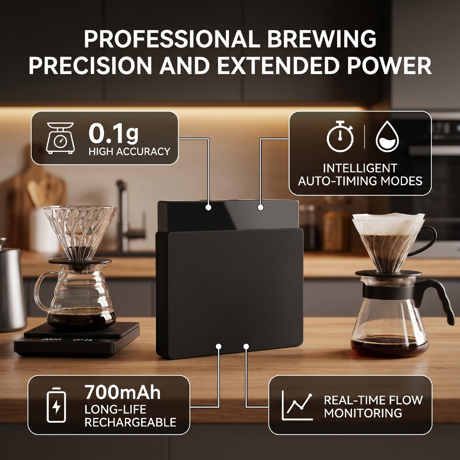 Zerodis Báscula de café, Báscula de Cocina Digital de Precisión de 0,1 G con Pantalla Clara 3 Modos de Preparación 700 MAh Peso de Cocina Recargable Antideslizante para Verter sobre el