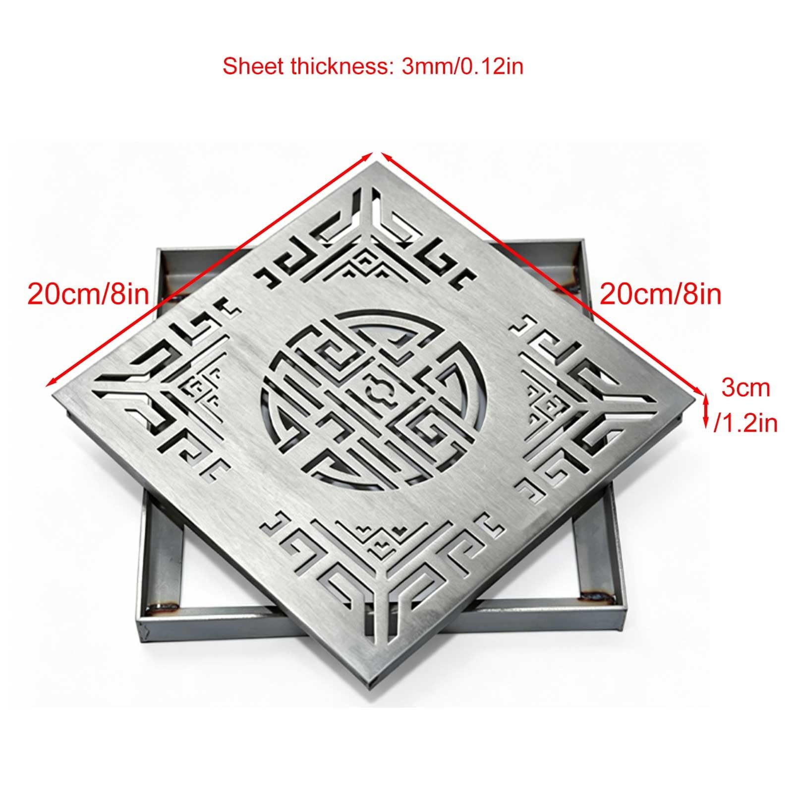 Osłona przeciwdeszczowa ze stali nierdzewnej 304 na zewnątrz, wbudowany ruszt do ogrodu, patio, chodnika podwórka, 20 x 20 x 3 cm / 8x8x1.2in (8 x 8 x 1,2 cala), odporny na rdzę drenaż