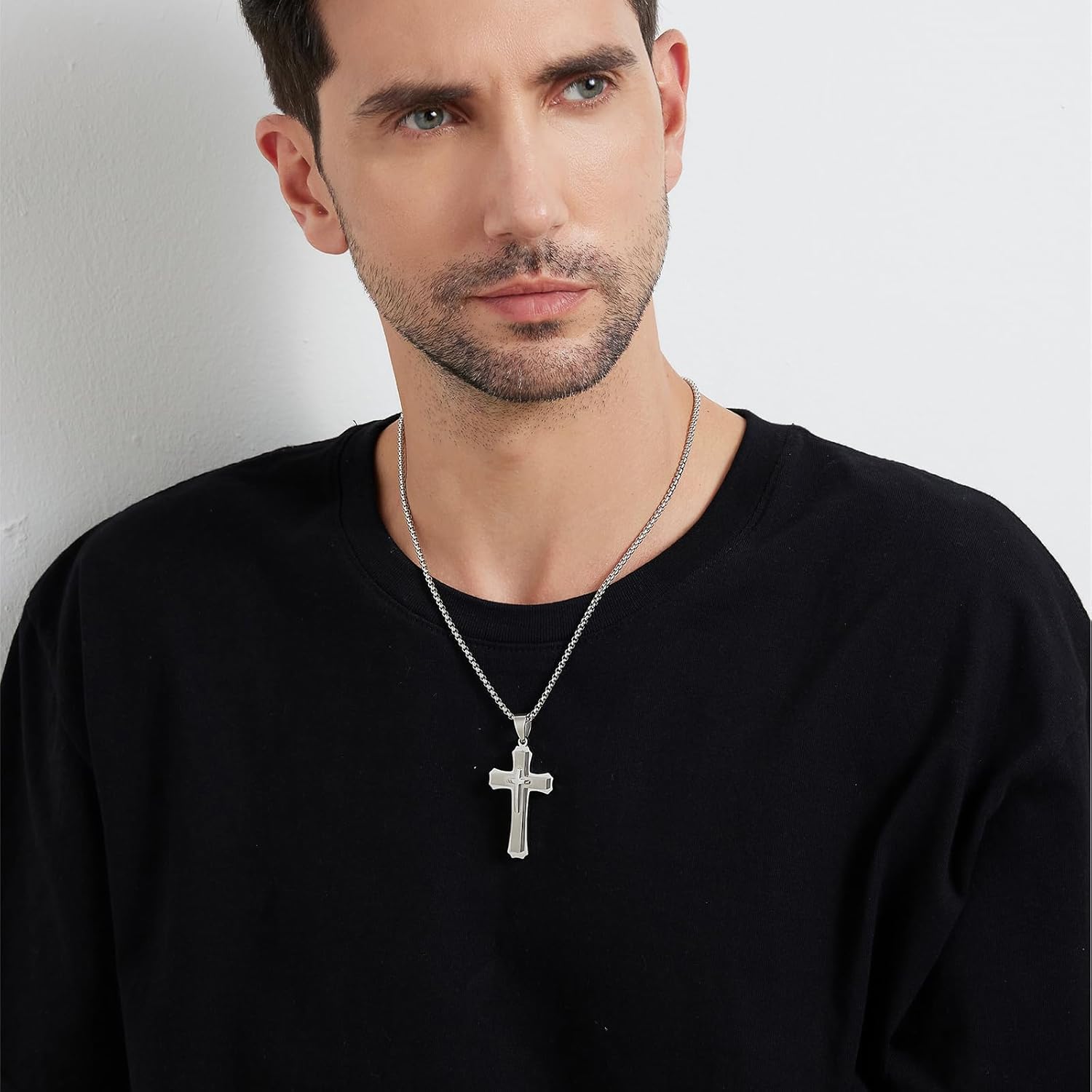 Men's Cross Necklace 316L Stainless Steel Large Heavy Cross Pendant for Men Polished Jewelry Rolo Chain with 22'' 24'' 26'' - Image 2