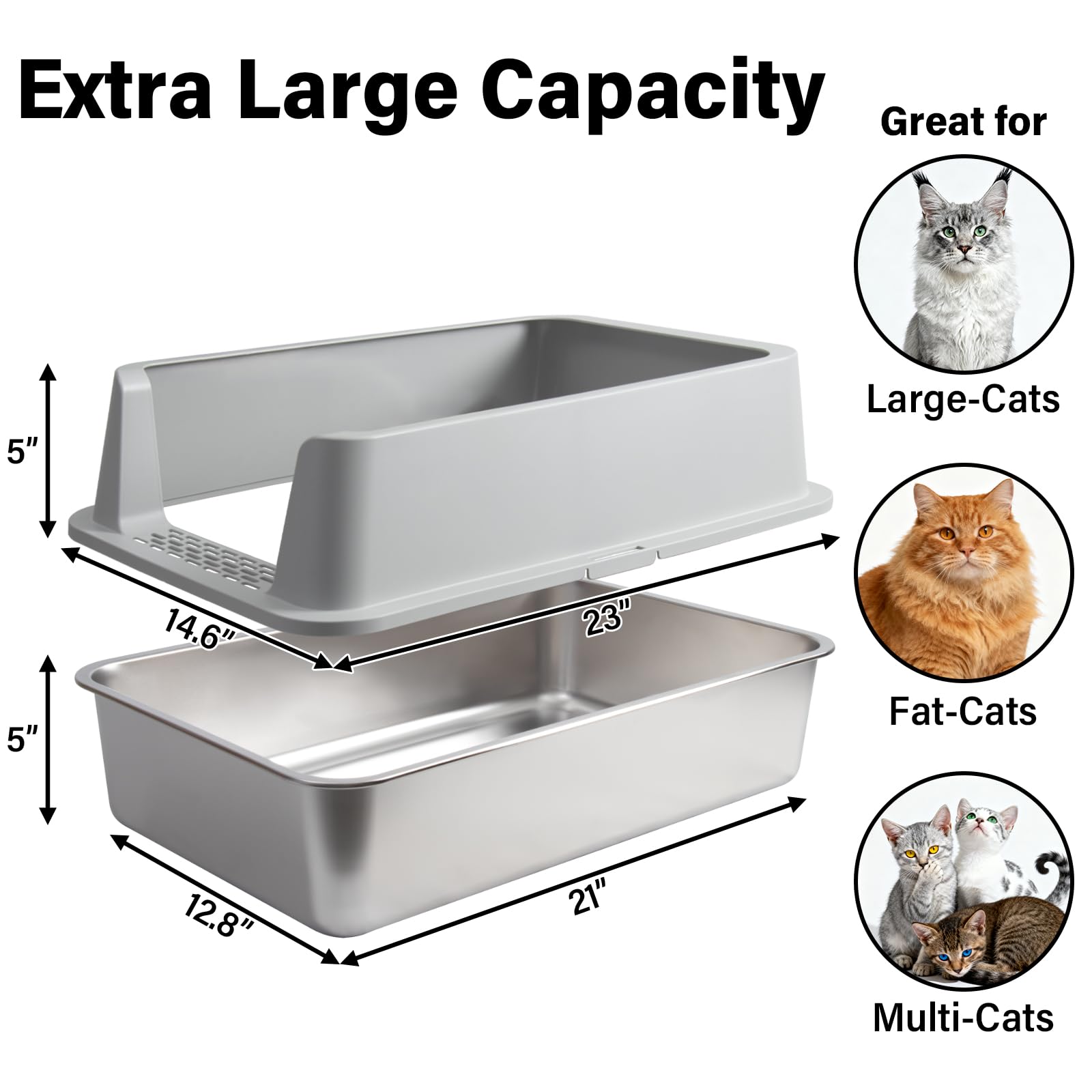 Stainless Steel Litter Box 2 Pack, Metal Cat Litter Box with Lid High Sides,XL Extra Large Litterbox for Big Cats,Non-Stick, Anti-Leakage,Easy to Clean,Include Litter Mat & Scoop,23x14.6x10in - image 2