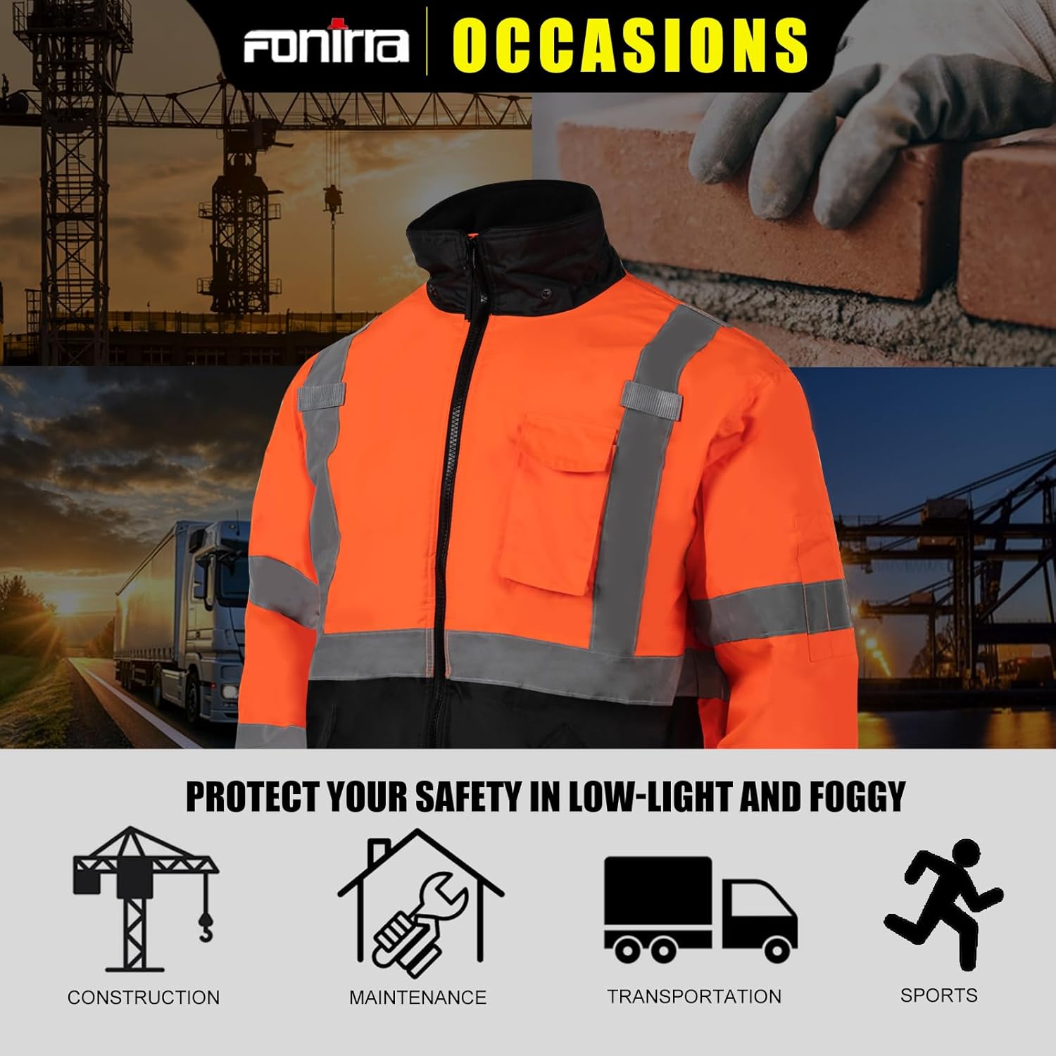 FONIRRA High Visibility Safety Bomber Jackets with Fleece Liner,ANSI Class 2 Reflective Waterproof Jacket for Men - Image 6